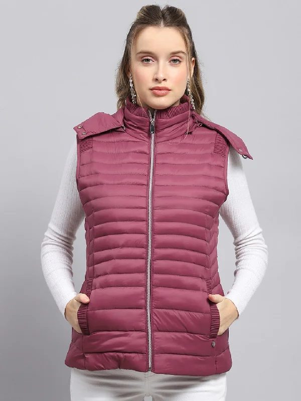 Women's Everyday Garments Women Burgundy Solid Detachable Hood Sleeveless Jacket