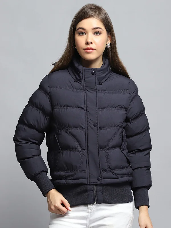 Women's Seasonal Garments Women Navy Blue Self Design Collar Full Sleeve Jacket