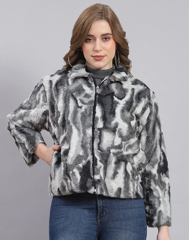 Women's Night-Out Outfit Women Grey Printed Stand Collar Full Sleeve Jacket