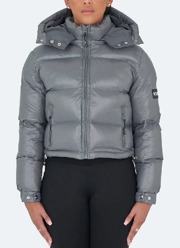 Women's Evening Clothing Shiny Puffer Jacket - Charcoal Grey