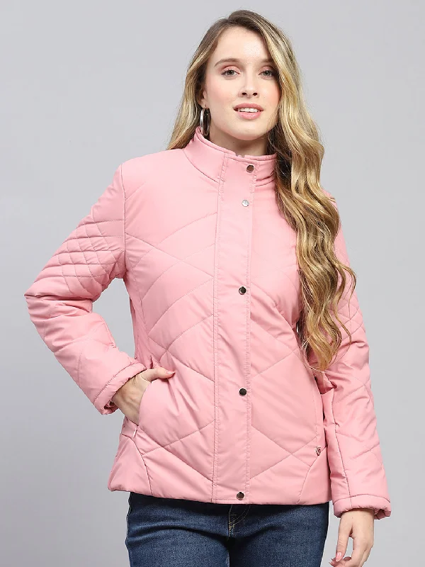 Women's Romantic Outfit Women Pink Solid Mock Neck Full Sleeve Jacket