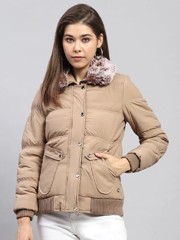 Women's Outerwear Attire Women Beige Solid Collar Full Sleeve Jacket