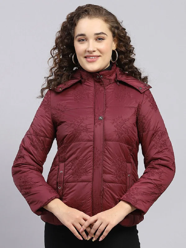 Formal Outfit For Women Women Maroon Embroidered Detachable Hood Full Sleeve Jacket