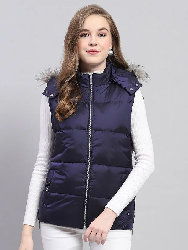 Women's Occasion Wear Clothing Women Blue Solid Detachable Hood Sleeveless Jacket