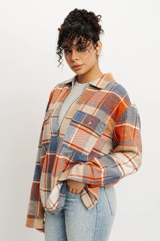 Women's Clothing Sets Orange Checks Women's Shacket