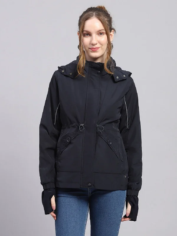 Women's Date Night Outfit Women Navy Blue Solid Detachable Hood Full Sleeve Jacket