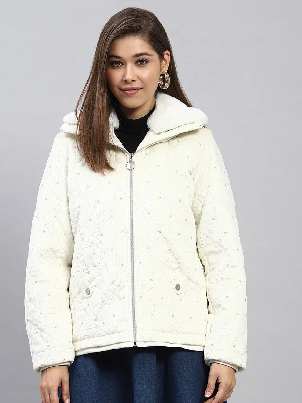 Women's Cozy Winter Attire Women White Embroidered Collar Full Sleeve Jacket