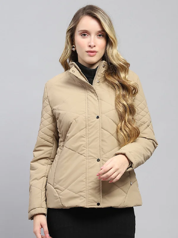 Women's Transitional Apparel Women Khaki Solid Mock Neck Full Sleeve Jacket