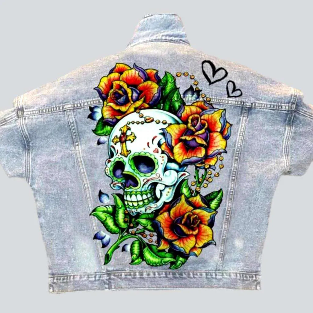 Chic Women's Outfit Light-wash skull print women's jean jacket