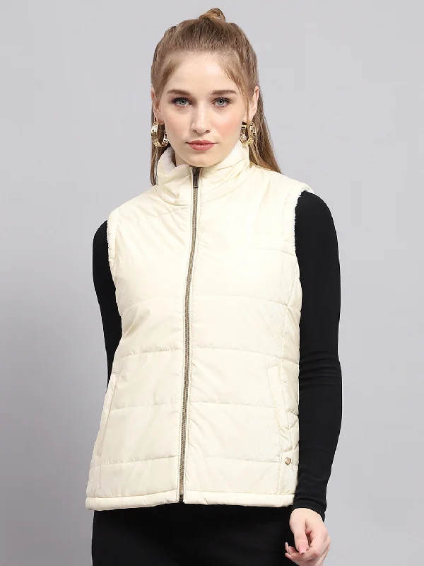 Women's Resort Apparel Women Off White Solid Mock Neck Sleeveless Jacket