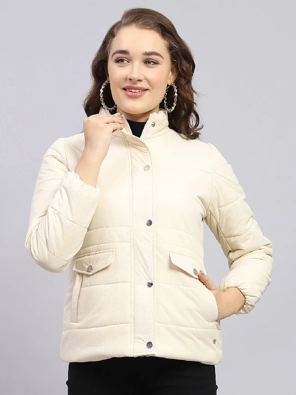 Vintage Clothing For Women Women Cream Solid Mock Neck Full Sleeve Jacket